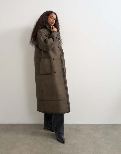 Topshop - abrigo largo de piel sintética con cuello alzado marrón - view 1
