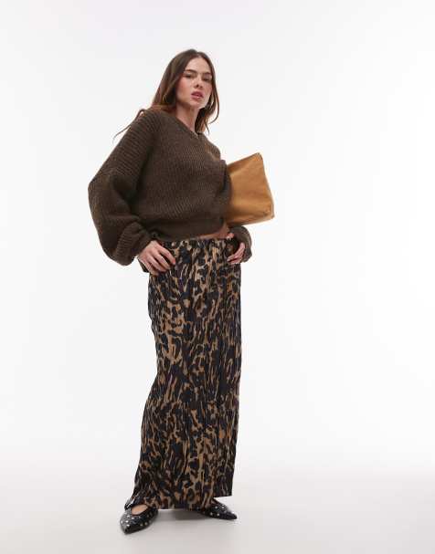 Topshop abstract animal plisse midaxi skirt in multi - view 1
