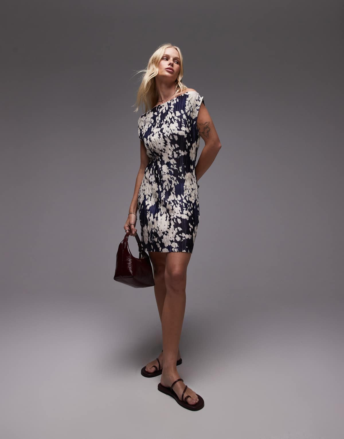 Topshop abstract animal print plisse mini dress in navy