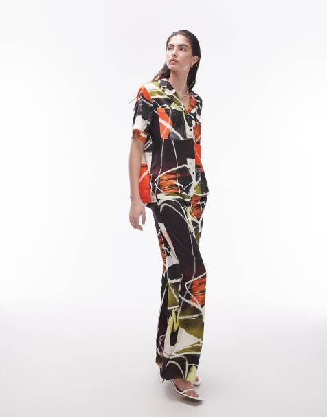 Topshop abstract artsy print satin pants in multi (part of a set) - view 1