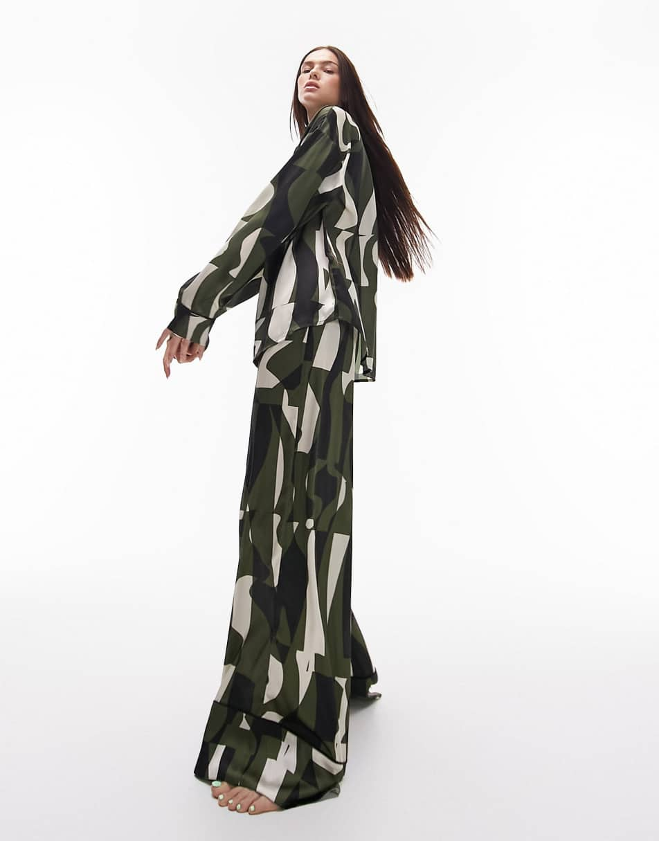 Topshop abstract block print satin piped shirt and trouser pyjama set in  green