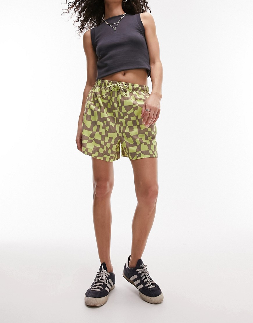 Topshop Abstract Checkered Print Runner Shorts In Green
