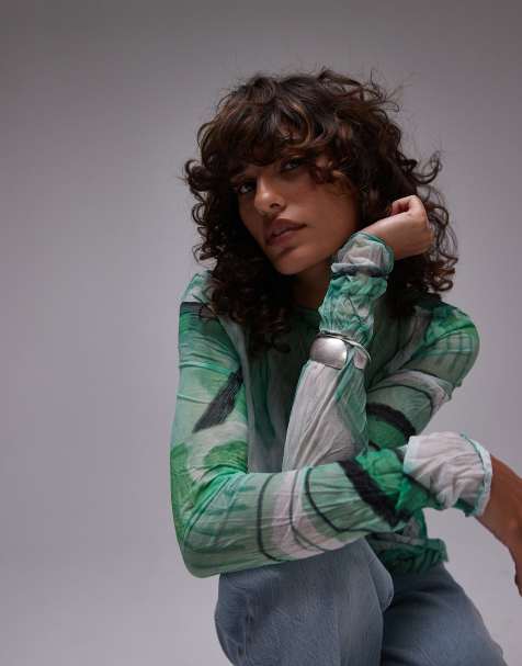 Topshop abstract crinkle long sleeve top in green - view 1