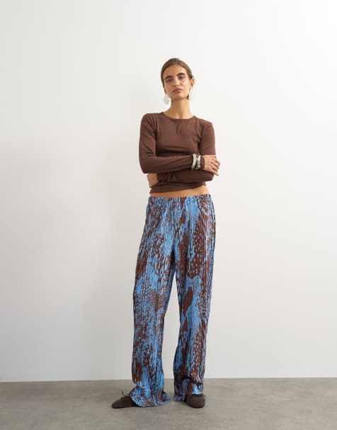 Topshop abstract crinkle wide leg pants in blue - view 1