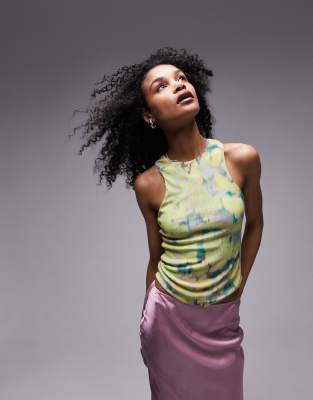 Topshop abstract daisy print racer mesh tank top in multi