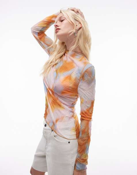 Topshop abstract floral crinkle long sleeve top in multi - view 1