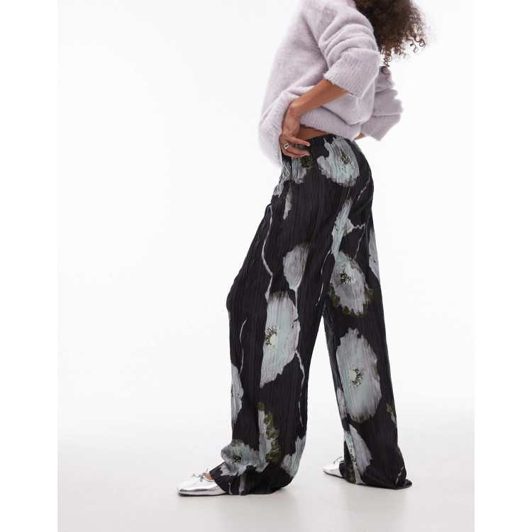 Topshop abstract floral plisse wide leg trousers in black ASOS