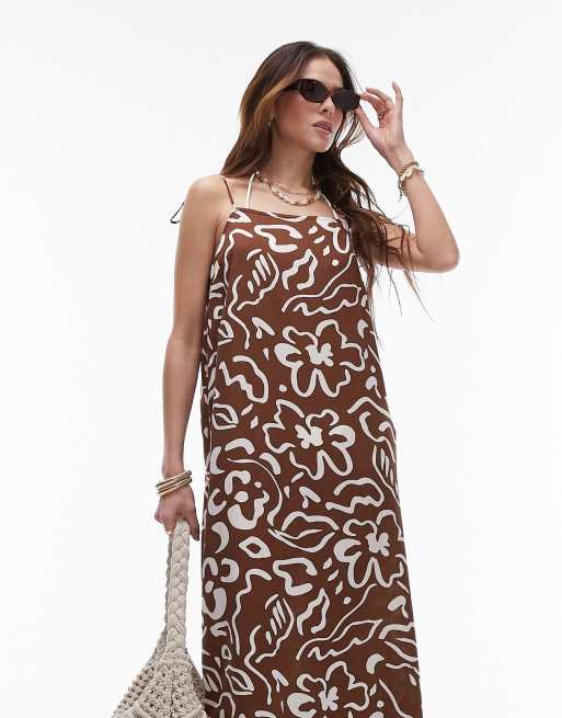 ASOS DESIGN multiway bikini detail midi sundress in chocolate graphic  floral