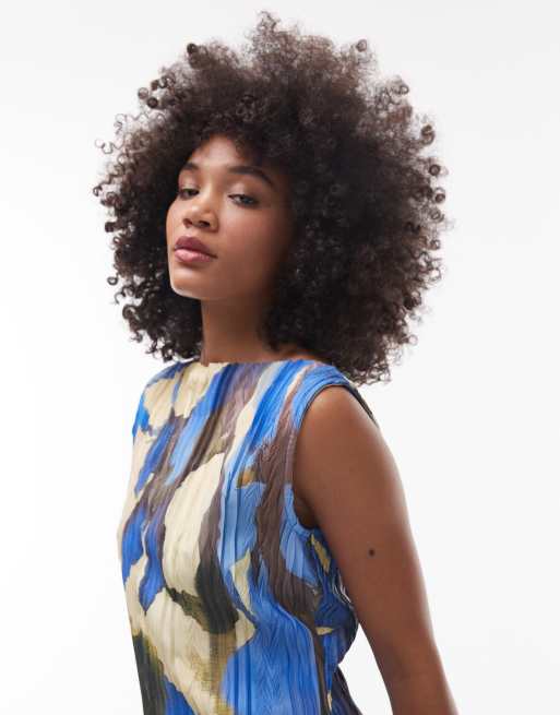 Topshop abstract floral print plisse mini dress in blue