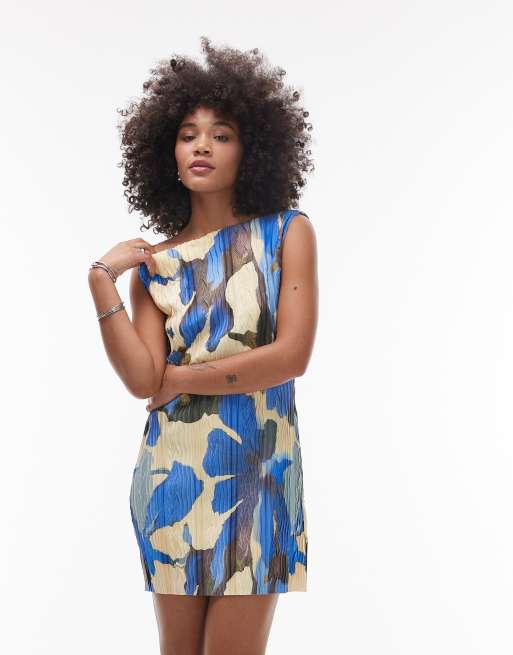 Topshop abstract floral print plisse mini dress in blue
