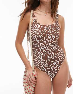 Topshop abstract floral print ring trim scoop swimsuit in chocolate