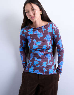 Topshop Abstract Floral Print Slash Neck Long Sleeve Top In Blue