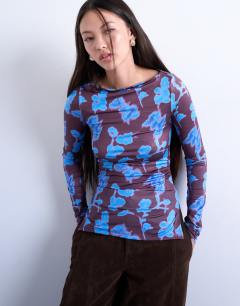 Abstract floral print slash neck long sleeve top in blue