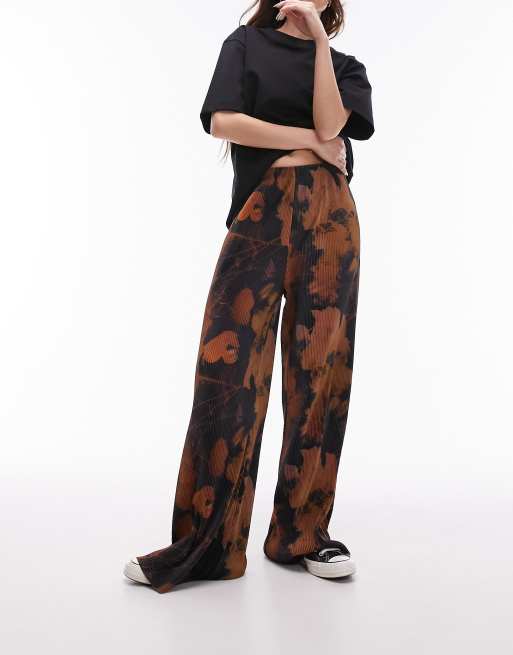 Topshop abstract floral printed plisse trousers in chocolate