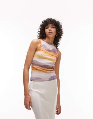 Topshop Abstract Landscape Mesh Tank Top In Multi