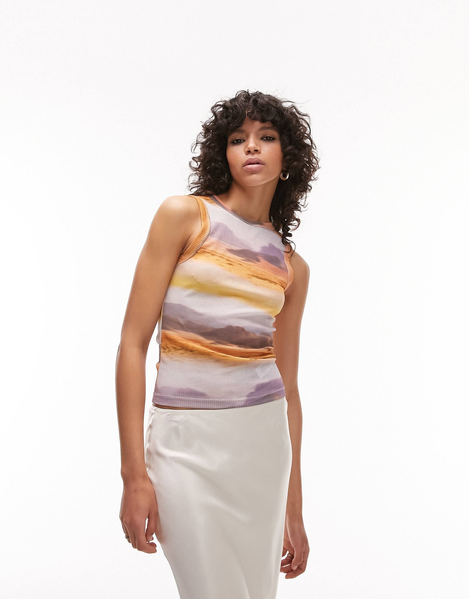 topshop abstract landscape mesh tank top in multi