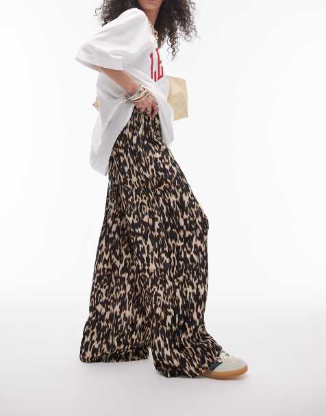 Topshop abstract leopard crinkle plisse wide leg pants in brown - view 1
