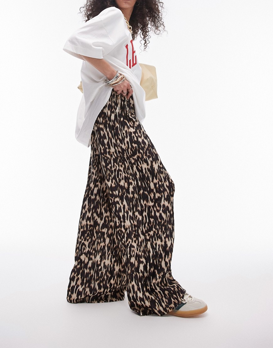 Topshop Abstract Leopard Crinkle Plisse Wide Leg Pants In Brown