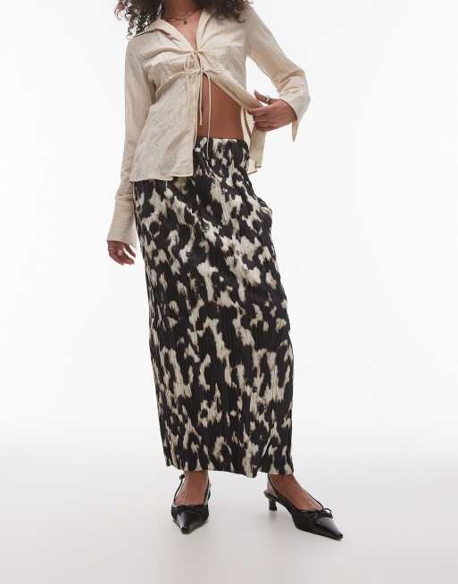 Topshop Abstract Leopard Print Plisse Midi Skirt in brown Multi
