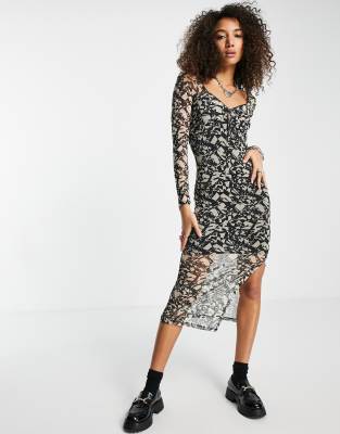 Topshop abstract mesh midi dress in mono  - ASOS Price Checker