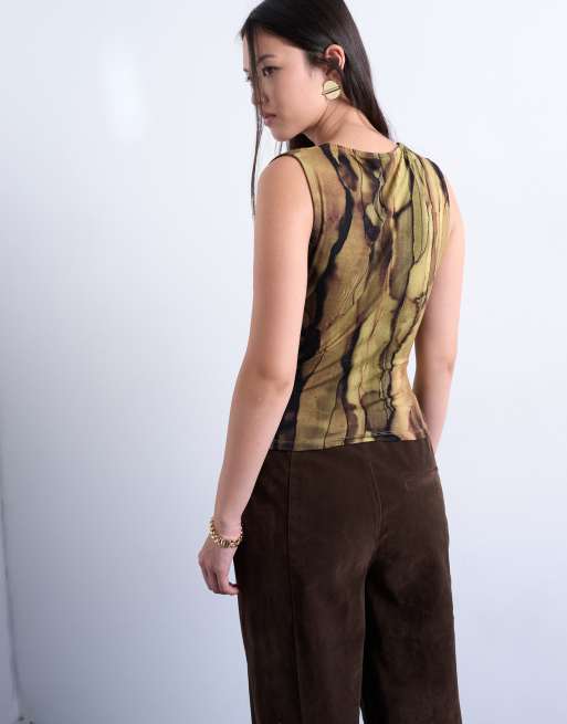 Topshop abstract print asymmetric wrap detail top in brown