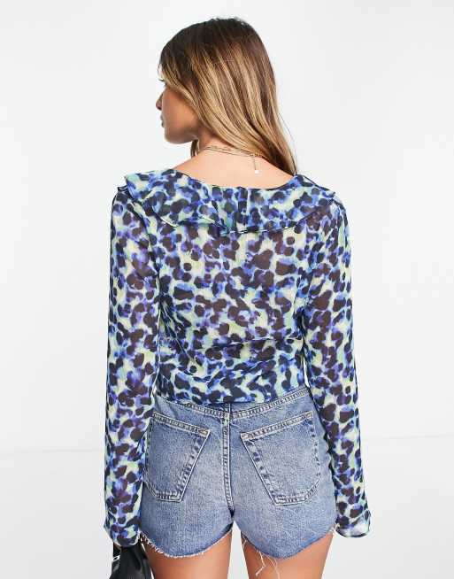 Topshop abstract print chiffon ruffle tie front top in multi