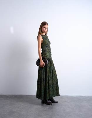 Topshop Abstract Print Dropped Waist Maxi Dress In Green