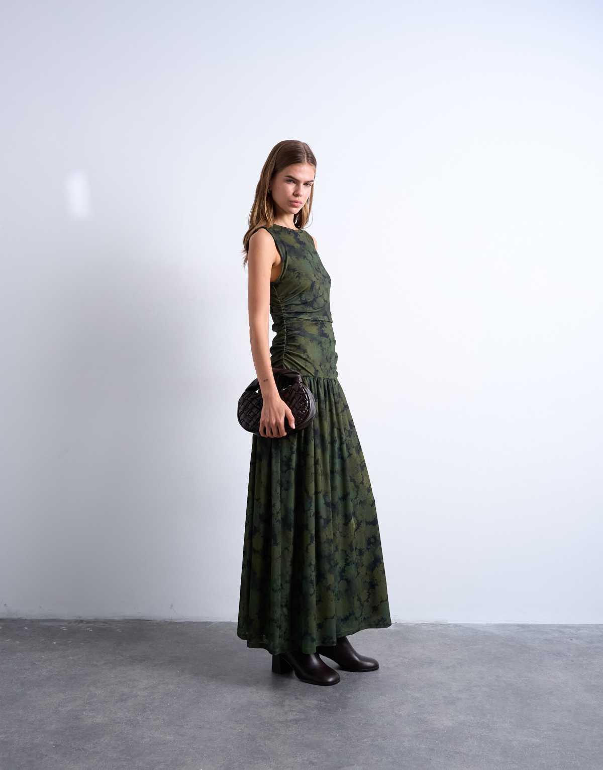 Topshop abstract print dropped waist maxi dress in green