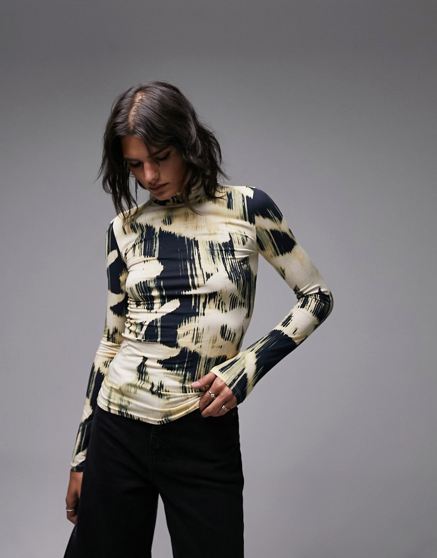 Topshop abstract print long sleeve funnel neck top in multi