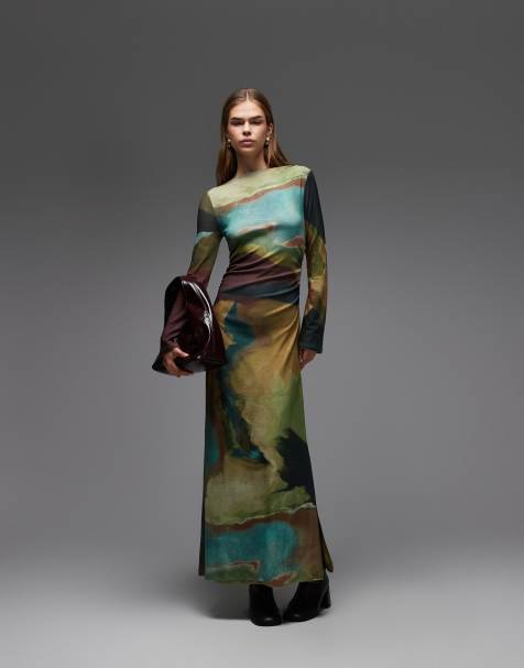 Topshop abstract print long sleeve maxi dress in multi - view 1