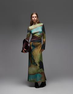 Abstract print long sleeve maxi dress in multi