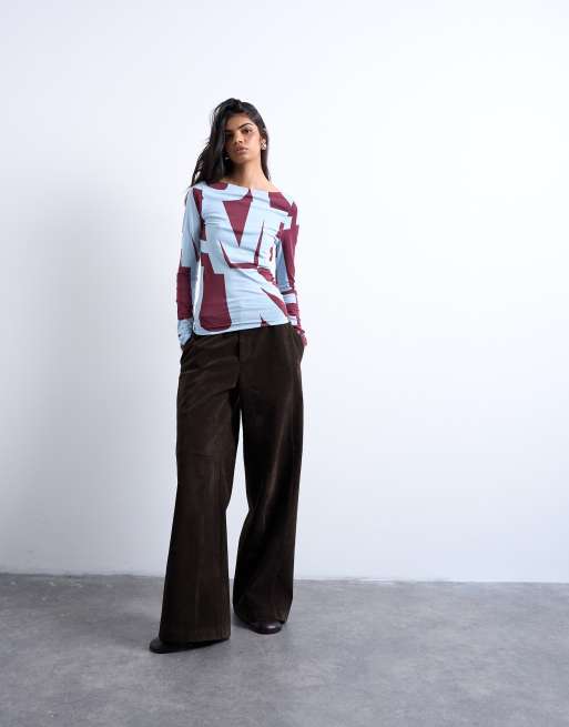 Topshop abstract print long sleeve top in blue and burgundy, 3 of 4