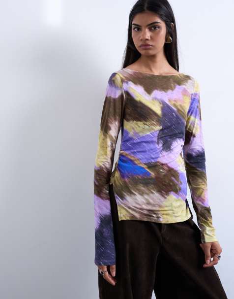 Topshop abstract print long sleeve top in purple - view 1