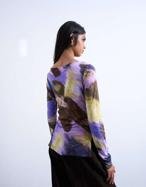 Topshop abstract print long sleeve top in purple, 4 of 4