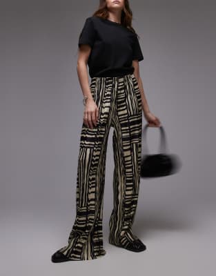 Topshop Abstract Print Plisse Wide Leg Pants In Multi-black