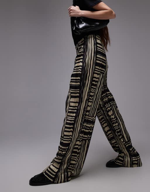 Topshop abstract print plisse wide leg pants in multi