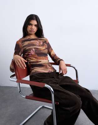 Topshop Abstract Print Ruched Long Sleeve Top In Multi