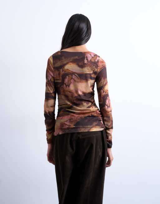 Topshop abstract print ruched long sleeve top in multi, 2 of 4