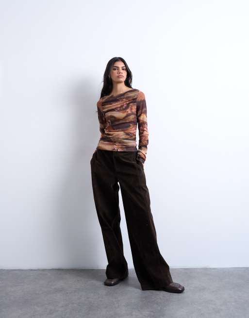 Topshop abstract print ruched long sleeve top in multi, 4 of 4