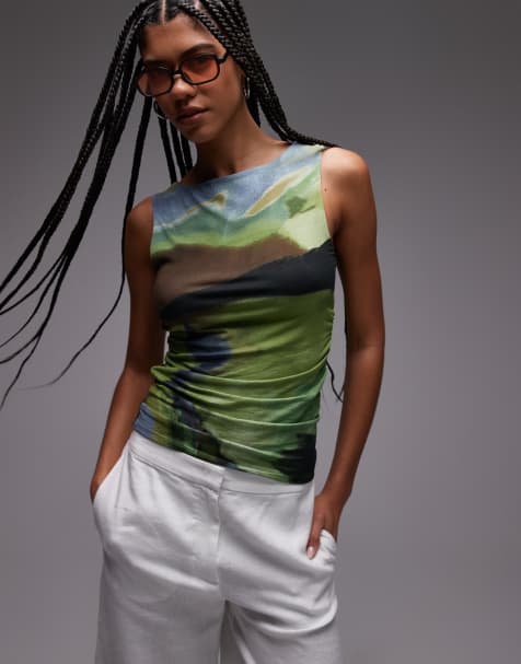 Topshop abstract print ruched side singlet in green - view 1