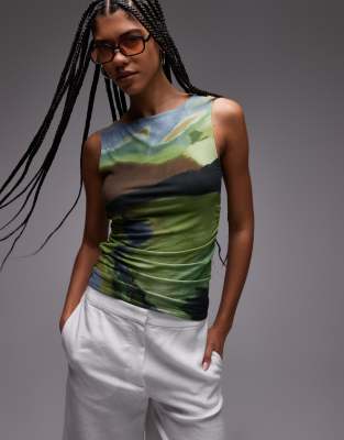 abstract print ruched side tank top in green