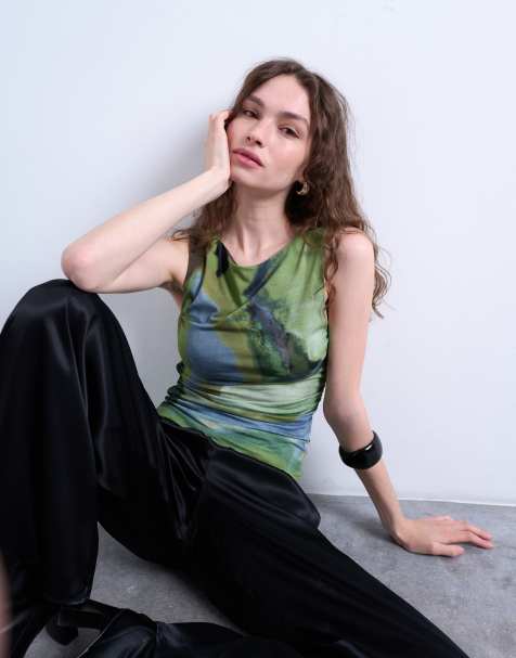 Topshop abstract print ruched side tank top in green - view 1
