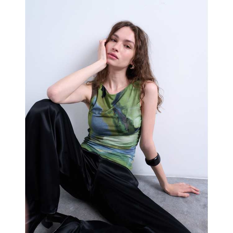 Topshop abstract print ruched side tank top in green | ASOS