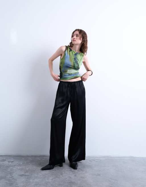 Topshop abstract print ruched side tank top in green