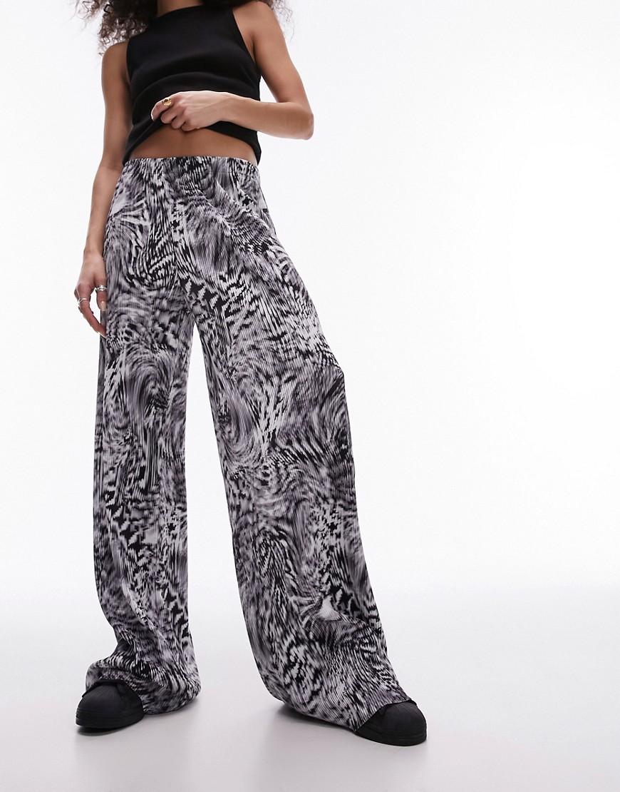 Topshop abstract printed plisse trouser in mono-Black