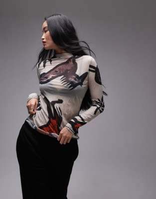 Shop Topshop abstract ranch crinkle long sleeve in white Online – Trendy & Affordable Fashion