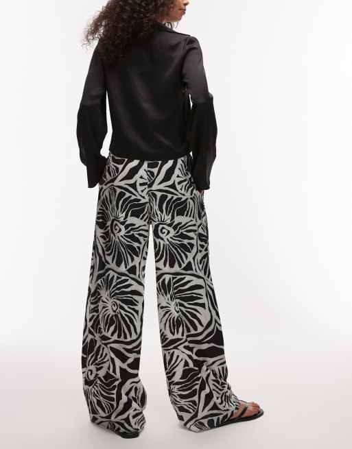 Topshop abstract shell print satin drawstring pants in black and white