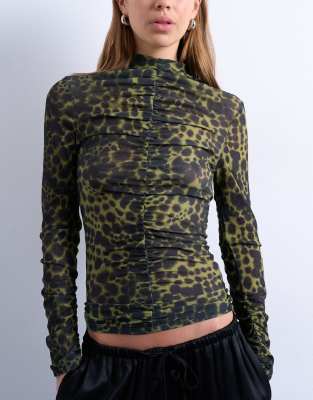Topshop Abstract Spot Print Ruched Long Sleeve Top In Green