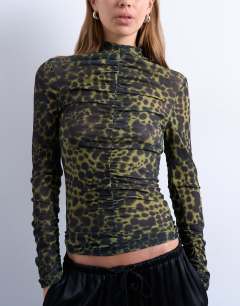 Abstract spot print ruched long sleeve top in black