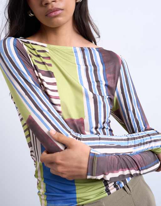 Topshop abstract striped print long sleeve microfiber top in multi, 3 of 4